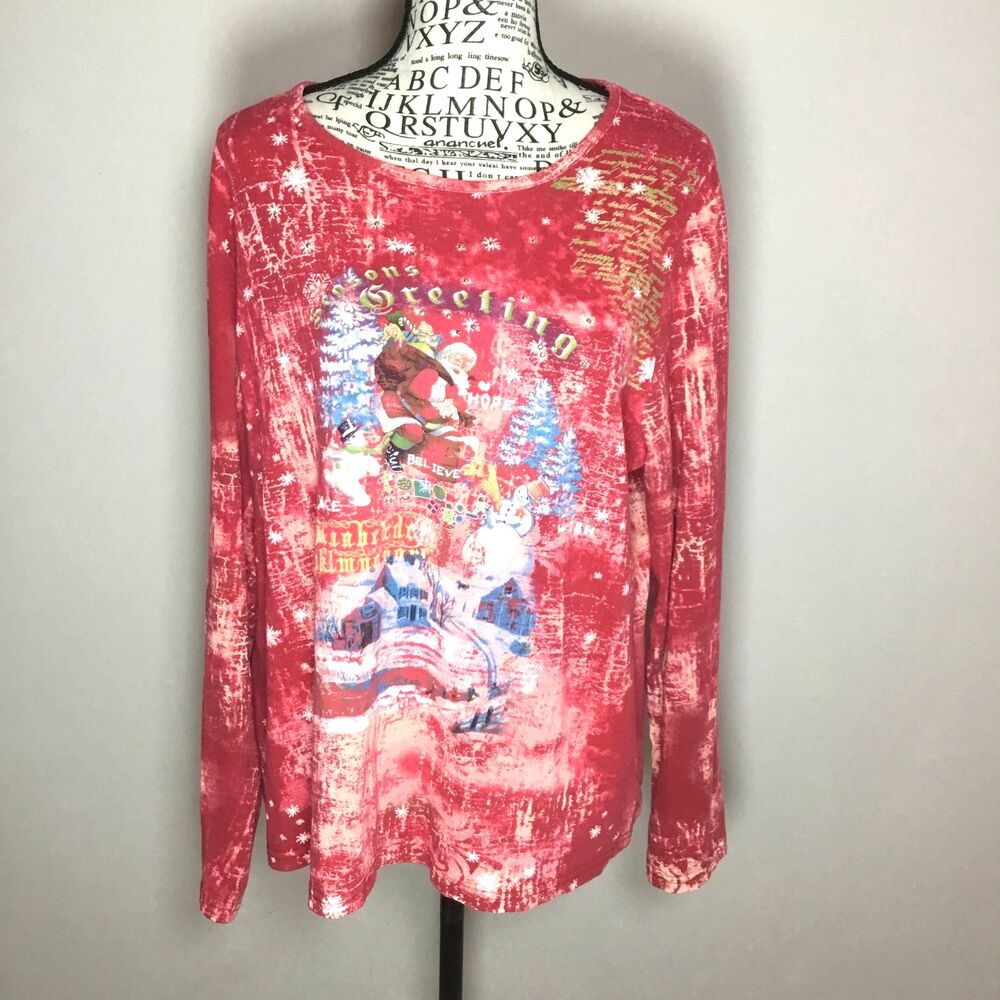 Rebecca Malone red Christmas top long sleeve Santa snowmen Xmas tree gifts XL